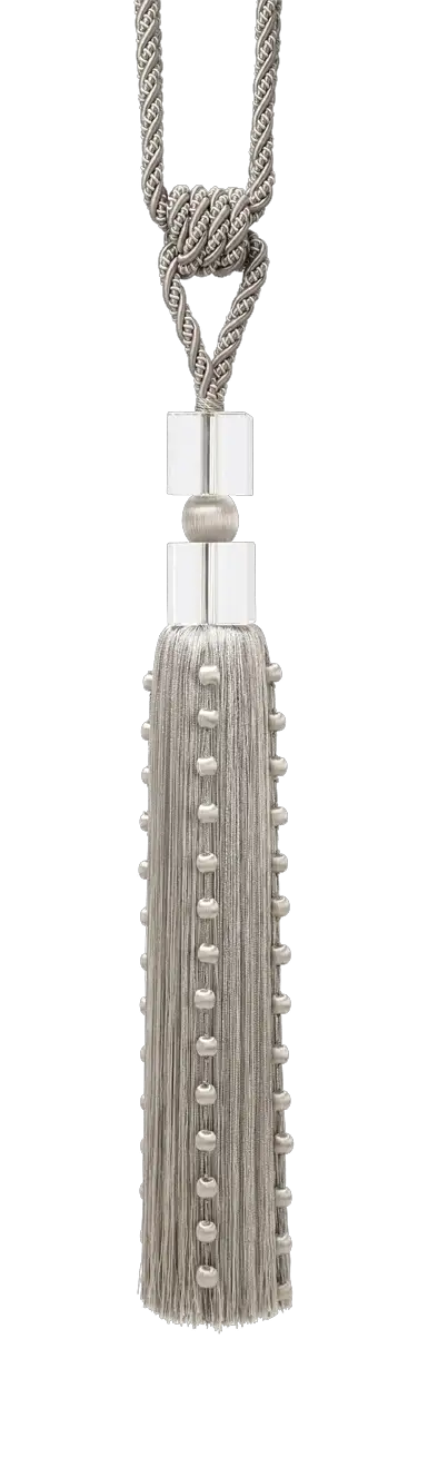 Photo of Double Glass Cube Tassel Tieback with Strings of Yarn Balls to Skirt (optional)